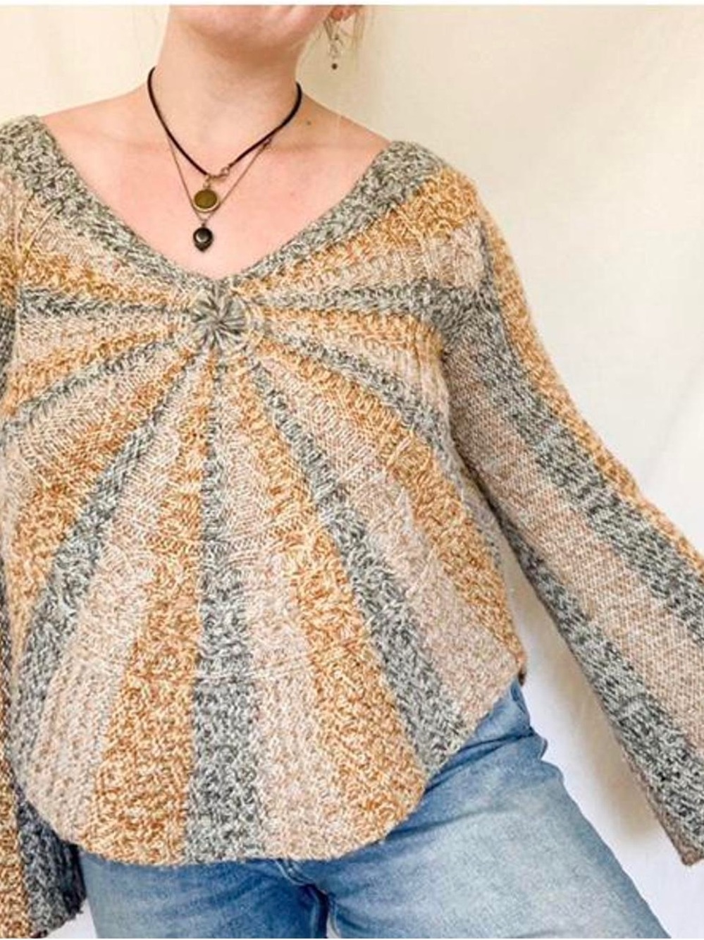 Free People V-Neck Striped Knit Sweater in Tan, Cream & Gray
